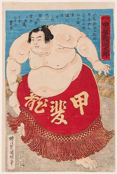 UTAGAWA KUNIAKI (1835-1888). Färgräsnitt, Japan, 1887. "Sumobrottaren Kaidyo (seki) Taro, 15 år".