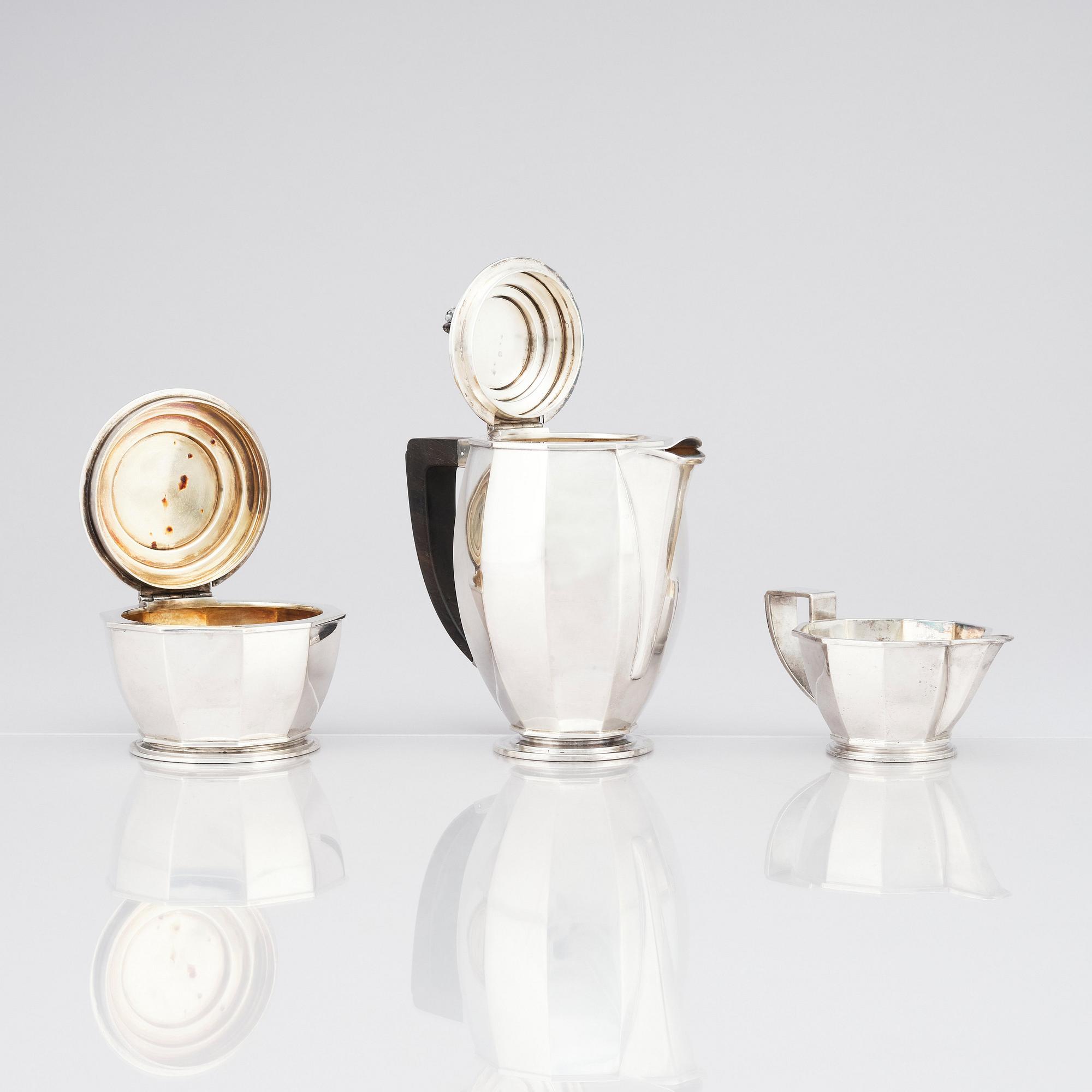 Atelier Borgila, kaffeservis, tre delar, Stockholm, 1947, gesällprov av K-E Löfman, sterling silver.