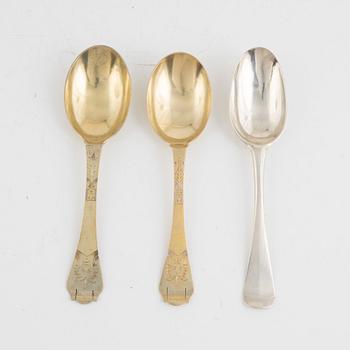 Johan Söderdahl, funeral spoon, silver, Söderköping 1762, along with two baroque style spoons, CG Hallberg, Stockholm.