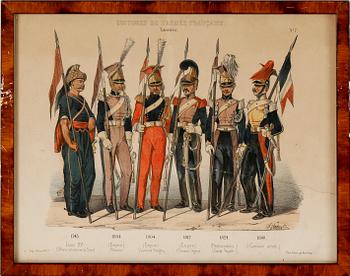 LITOGRAFISKA UNIFORMPLANSCHER, 8 st, Costumes de l'armée Française, 1800-talets slut.