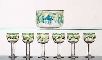 A Gunnar Cyrén enameled glass bowl and six goblets, Orrefors 1968.