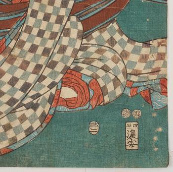 UTAGAWA KUNISADA (1786–1864), färgträsnitt, två stycken. Japan, 1800-tal, "Tale of Shiranui".