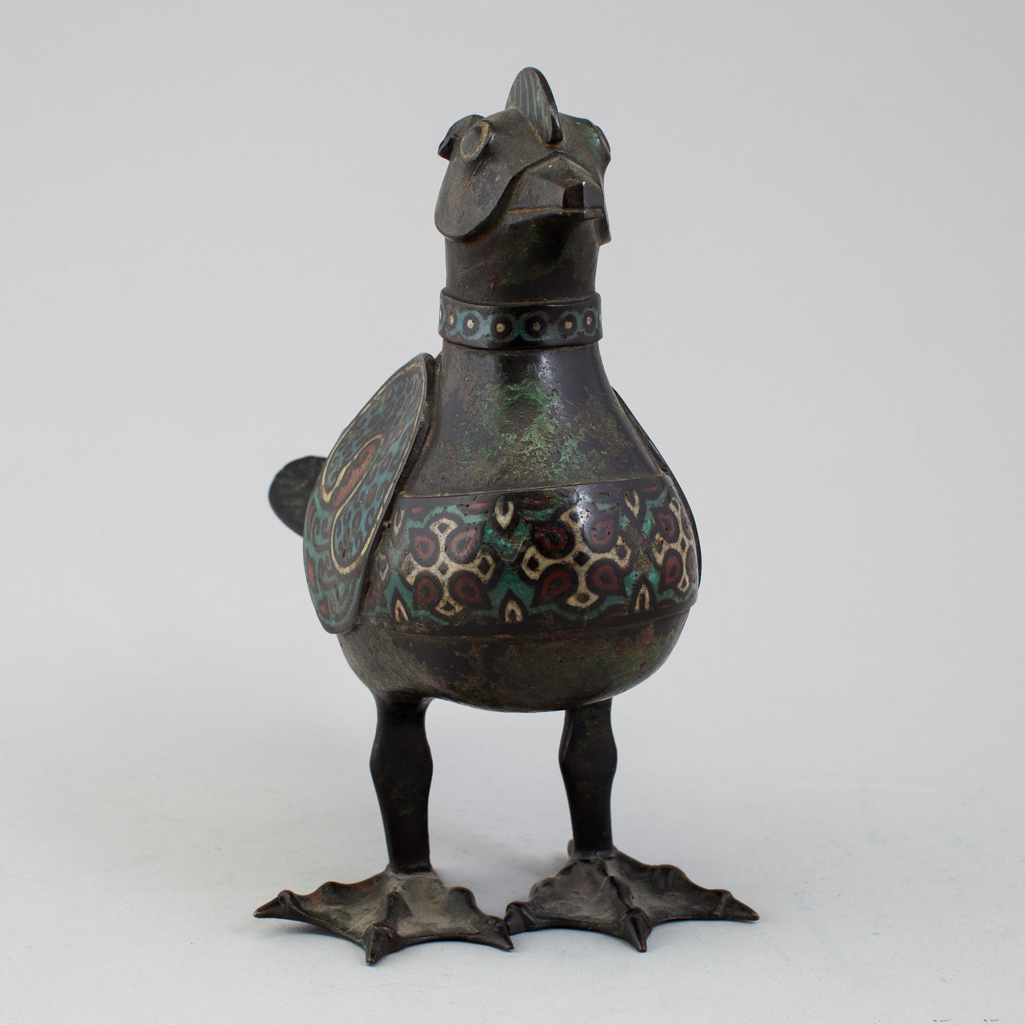 A Japanese bronze and cloisonné censer in the shape of a bird, 20th Century.