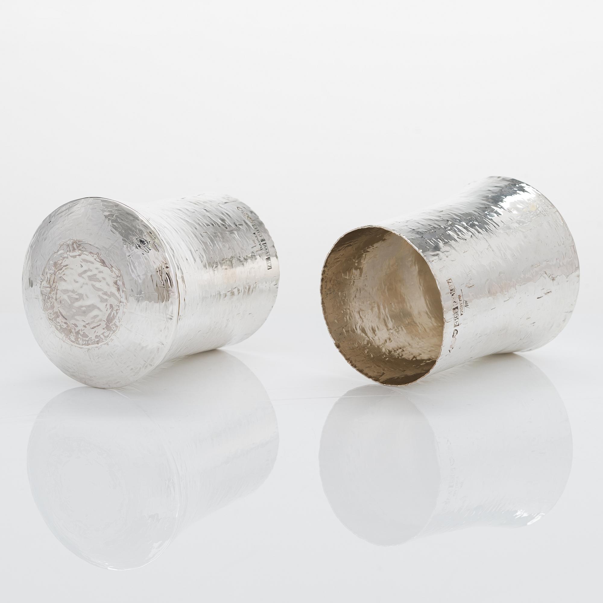 Tapio Wirkkala, a silver pitcher with six silver beakers, marked TW, Kultakeskus, Hämeenlinna Finland 1973 and 1966.