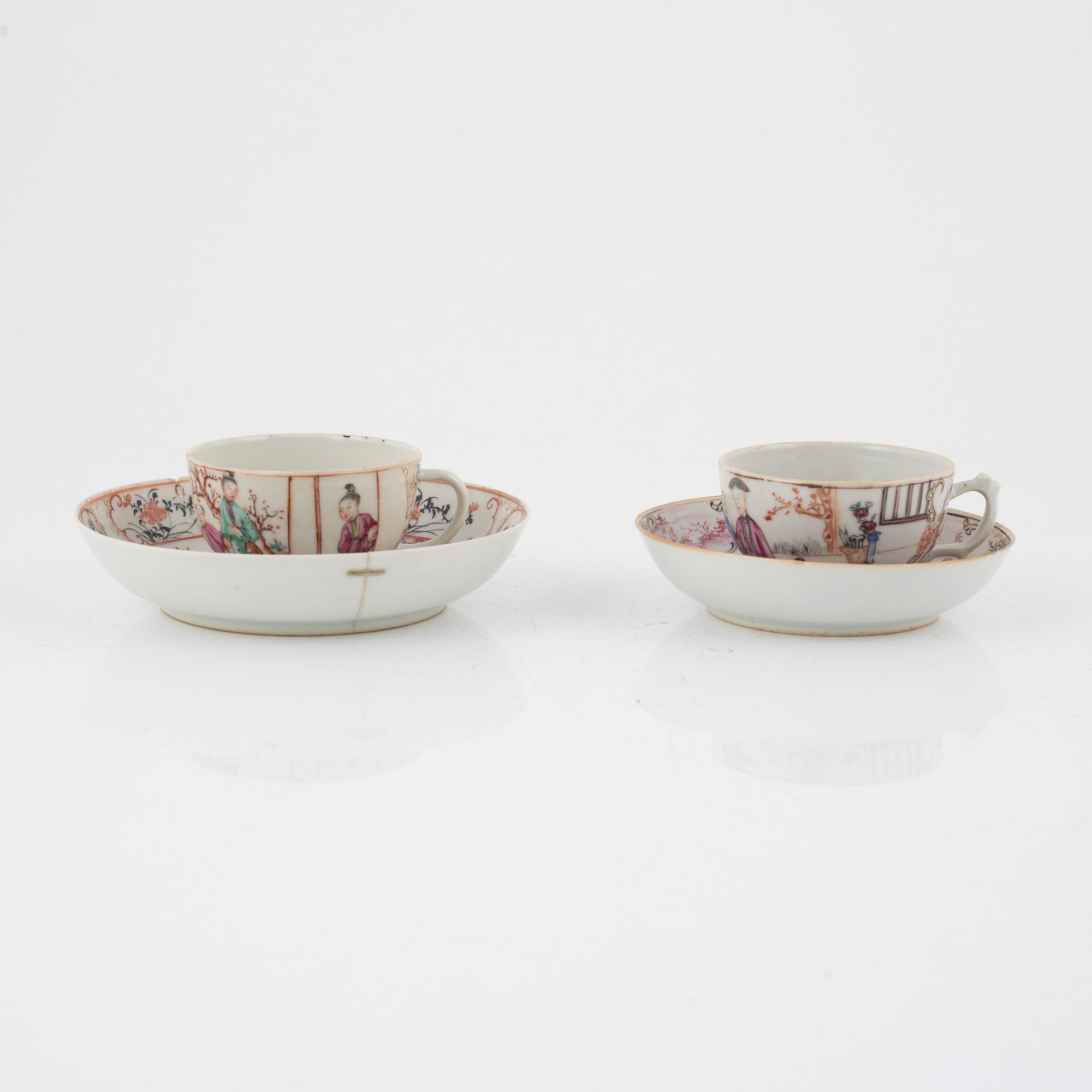 A set of five famille rose cups and four dishes, Qing dynasty, 18th Century.