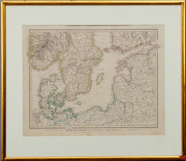 KARTA, gravör J. Wilson Lowry, Denmark Sweden and Russia on the Baltic, Chapman & Hall, London 1847.