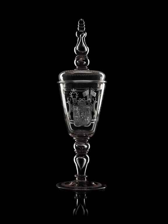 A large armorial goblet with cover, Kungsholms glass manufactory, 18th Century.