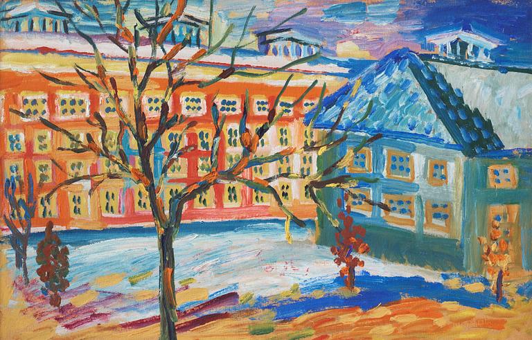 Ester Henning, oil on paper panel, indistinctly signed with monogram in red.