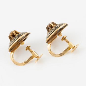 Earrings, a pair, 18K gold with meander border and rose-cut diamonds.