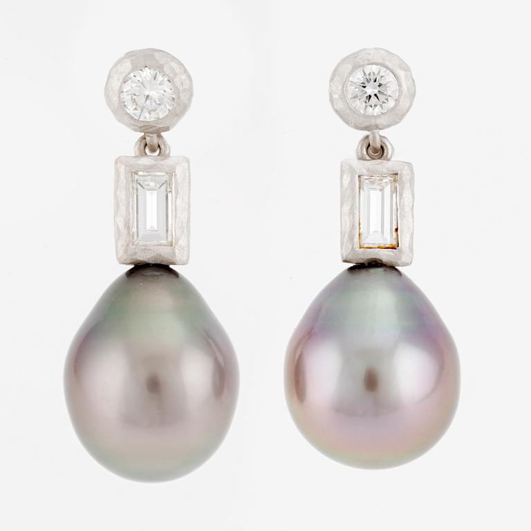 Earrings, a pair, 18K white gold with drop-shaped cultured black pearls and baguette and brilliant-cut diamonds.