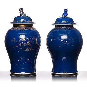 Two Chinese blue glazed vases with covers, Qing dynasty, Qianlong (1736-95).
