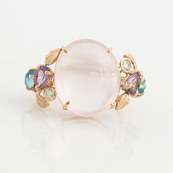 Ring with cabochon-cut rose quartz, amethyst, apatite, and brilliant-cut diamonds.