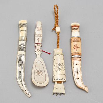 SAMISKT HANTVERK, 4 delar, renhorn, signerade.