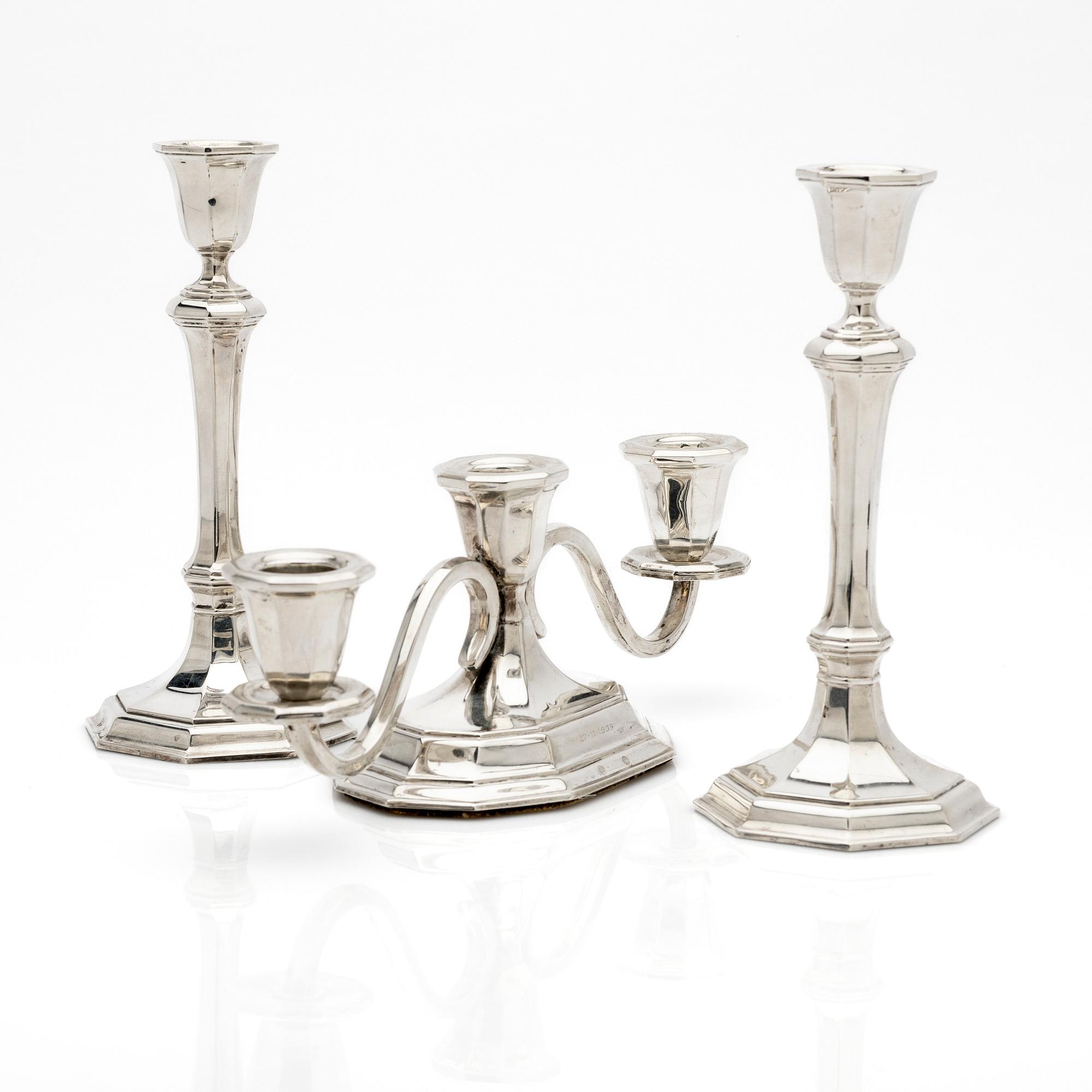 Candelabra, a pair, + candlestick, silver, 20th century.