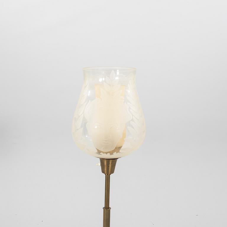 A engraved glass and brass floor lamp by Ulla Skogh for Glössner Co 1940's.