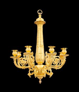 616. A French Empire early 19th century gilt bronze eight-light hanging lamp.