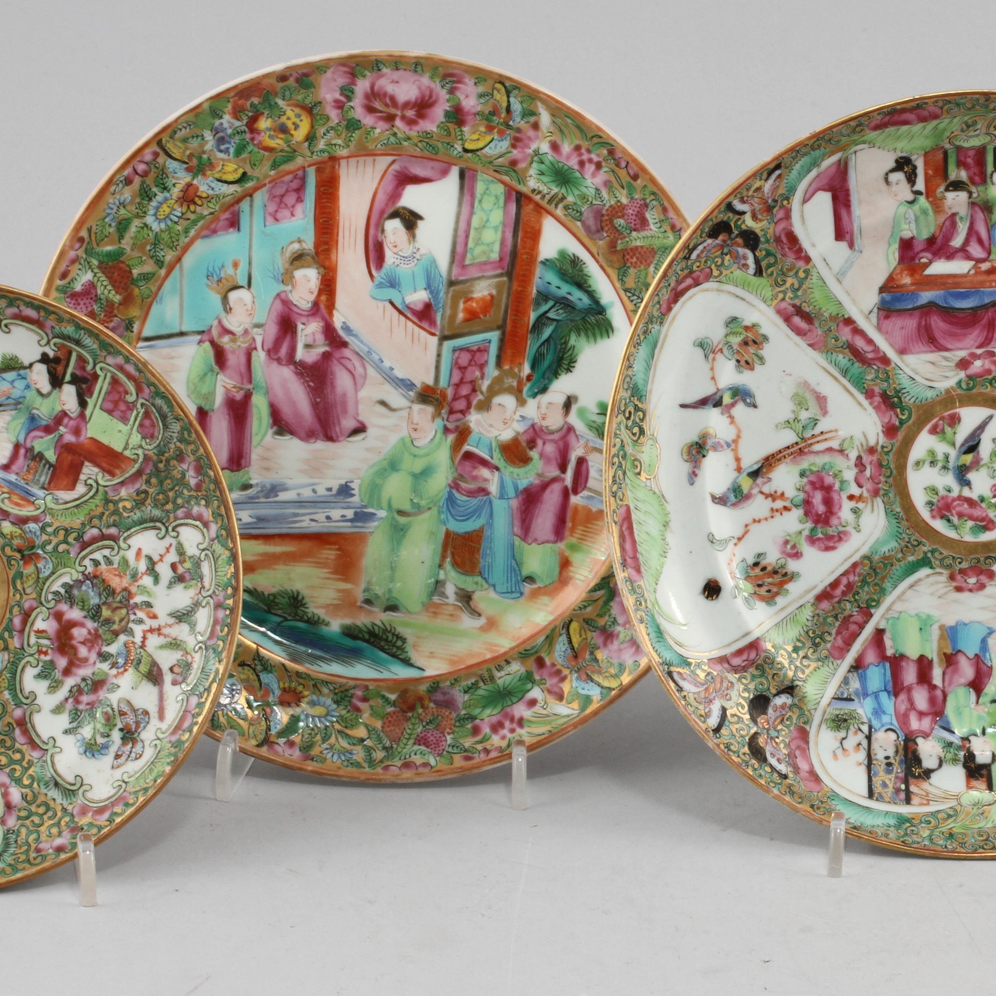 TALLRIKAR, 5 st, porslin, Kanton, Kina, 1800/1900-tal.
