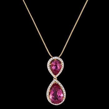 868. HÄNGSMYCKE, droppslipade rosa topaser med briljantslipade diamanter, tot. 0.32 ct.