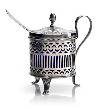 278. Adolf Zethelius, senapskanna samt sked, silver, Stockholm 1815. Empire.
