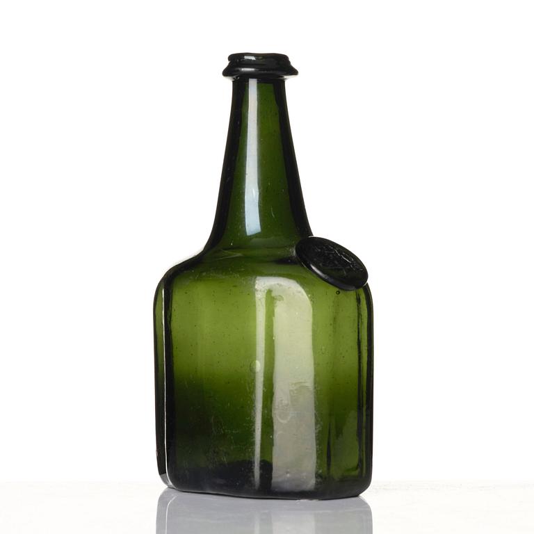 A green glass bottle flask, Henrikstorp, Sweden, 18th century.