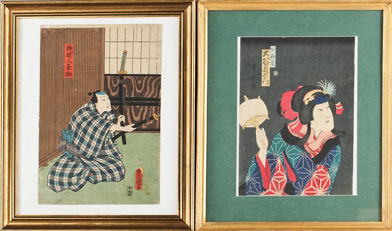 TRÄSNITT, 2 st, troligen Utagawa Yoshitora samt Utagawa Kunisada Kochoro Toyokuni III, Japan, 1800-tal.