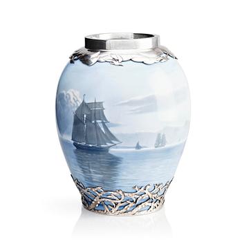 Anton Michelsen, & Royal Copenhagen, a porcelain vase, model 1634, base and mouth of sterling silver, Copenhagen 1914.