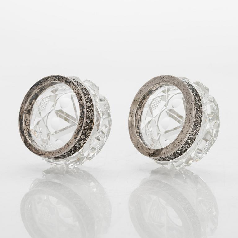 A set of six Estonian glass and silver salt cellars, maker's mark of Hirsch Markowitsch, Tallinn 1922-39.