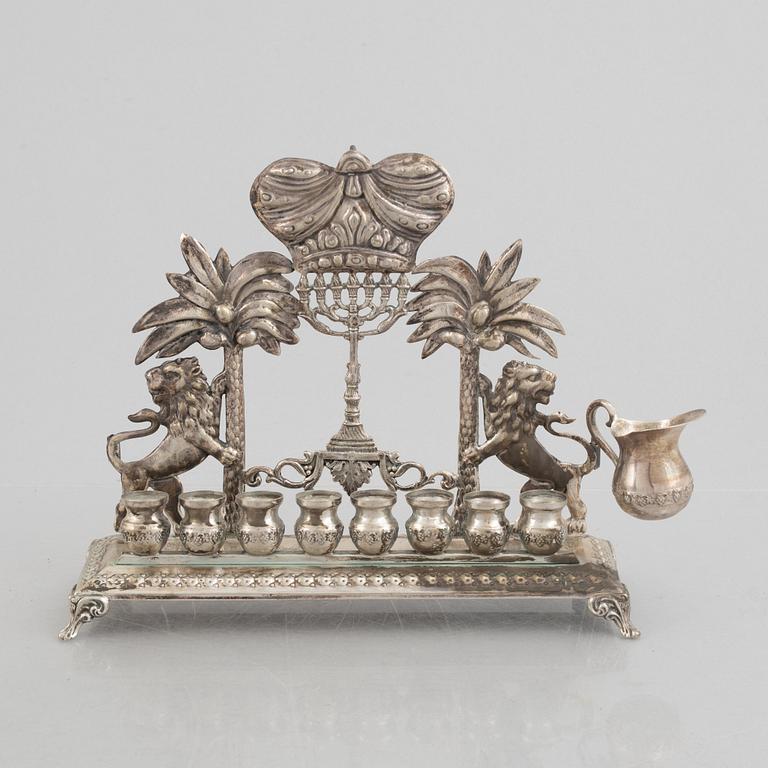 Hanukkah menorah, low-grade silver, Hazorfim Ltd, Israel, 20th Century. Judaica.
