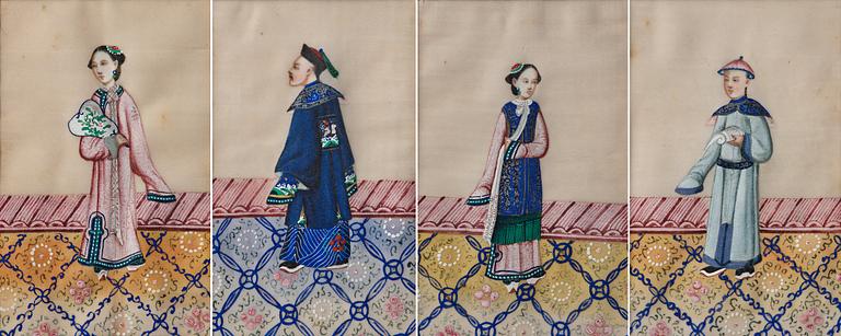 A set of four paintings of court attendants, Qing dynasty, 19th Century.
