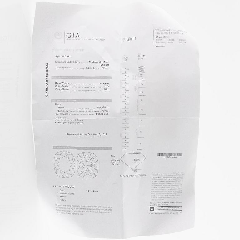 Platinum ring with a cushion-shaped brilliant-cut diamond 1.81 ct G (TW) vs 1 according to certificate.