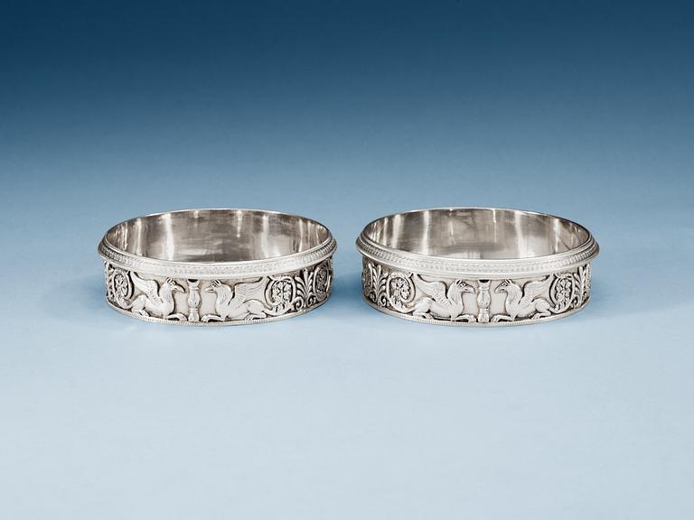 A pair of Swedish 19th century silver coasters, makers mark of Gustaf Möllenborg, Stockholm 1825.