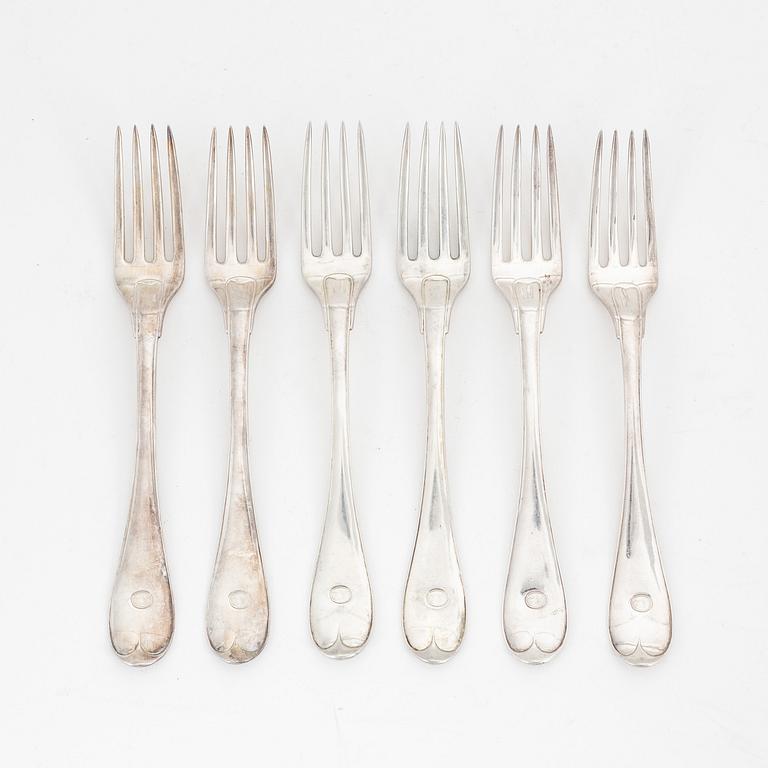 Six Swedish silver forks, mark of Gustaf Otto Sjöberg, Falun 1813.