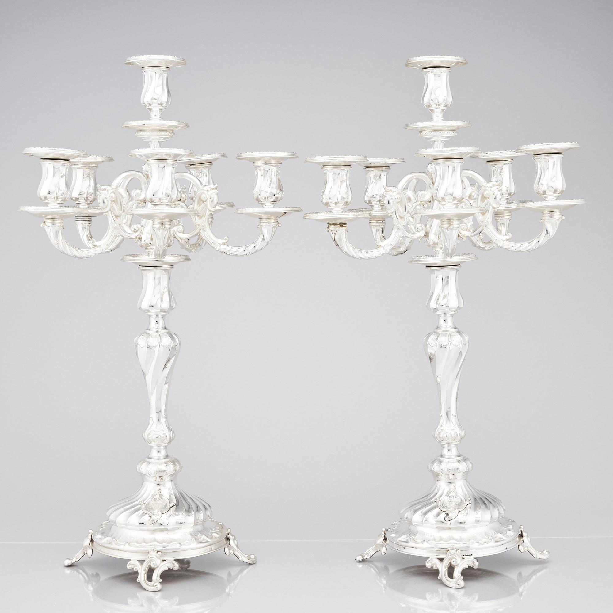 A pair of Swedish silver candelabra, mark of Gustaf Möllenborg (Carl Teodor Feron), Stockholm 1896.