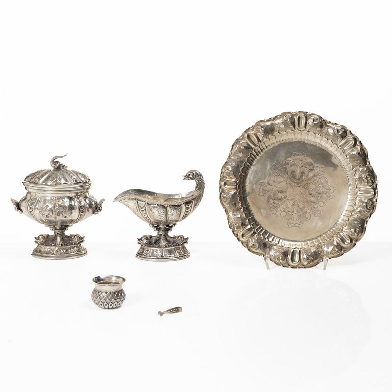 Sugar bowl, cream jug, tray, cup and miniature sugar tongs, silver, including William Mammatt & Son, Sheffield 1896.