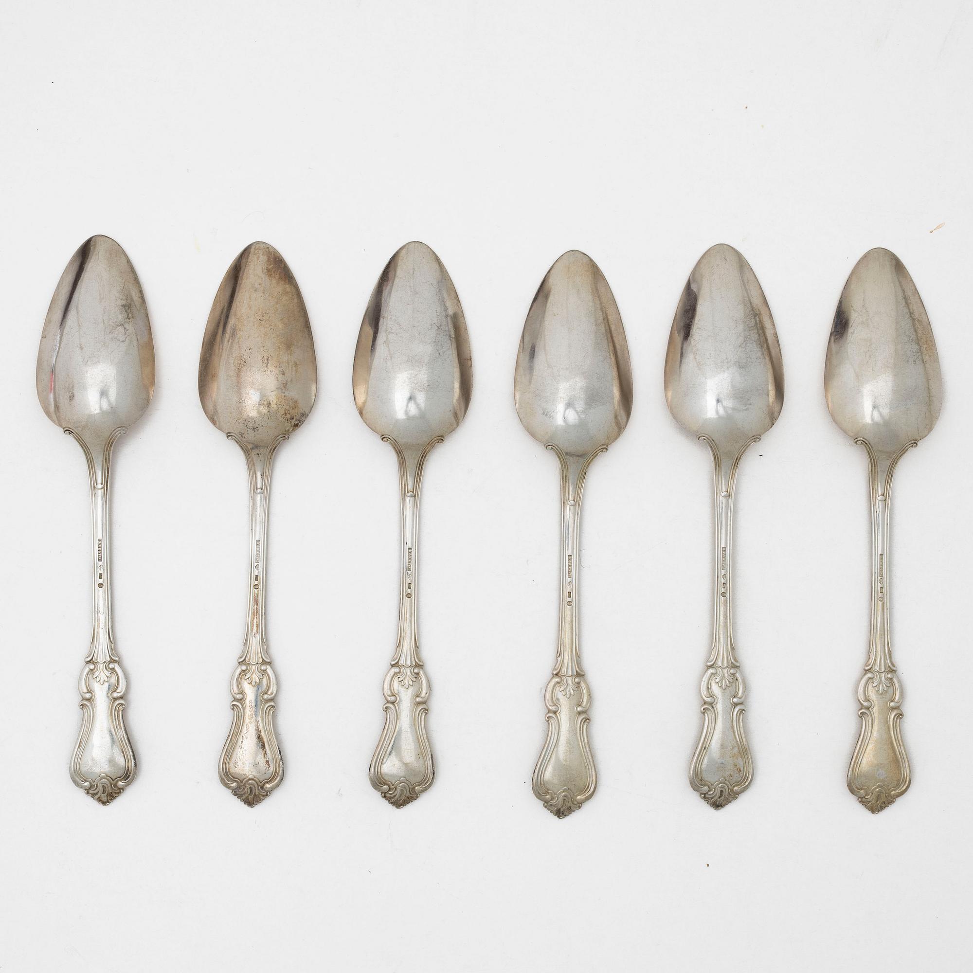 Matskedar, 6 st, silver, modell Olga, Hans Georg Vogt & Söner, Kristianstad, 1859.