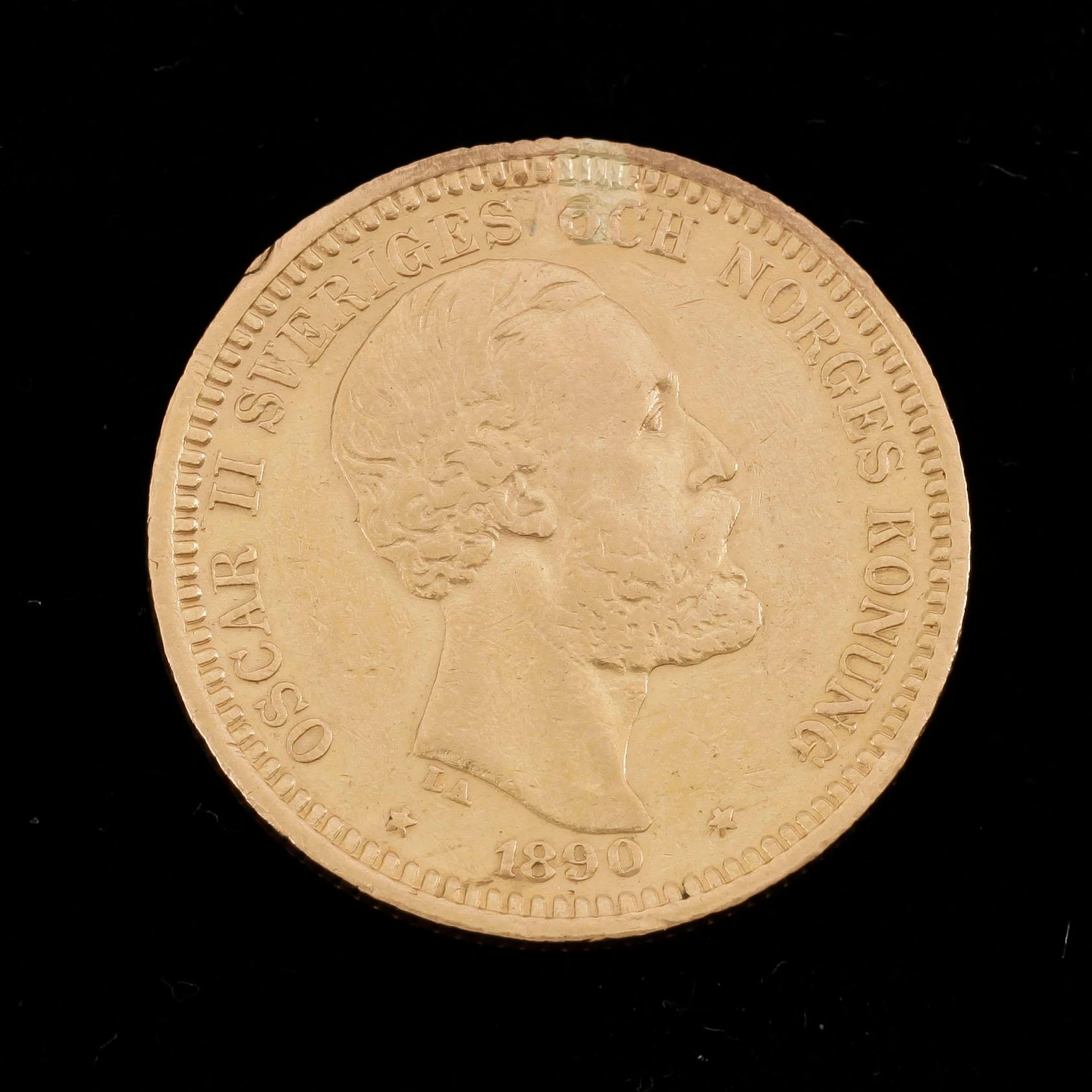 GULDMYNT, 20 Kronor, Oscar II, Sverige-Norge 1890. Vikt ca 8 gram.