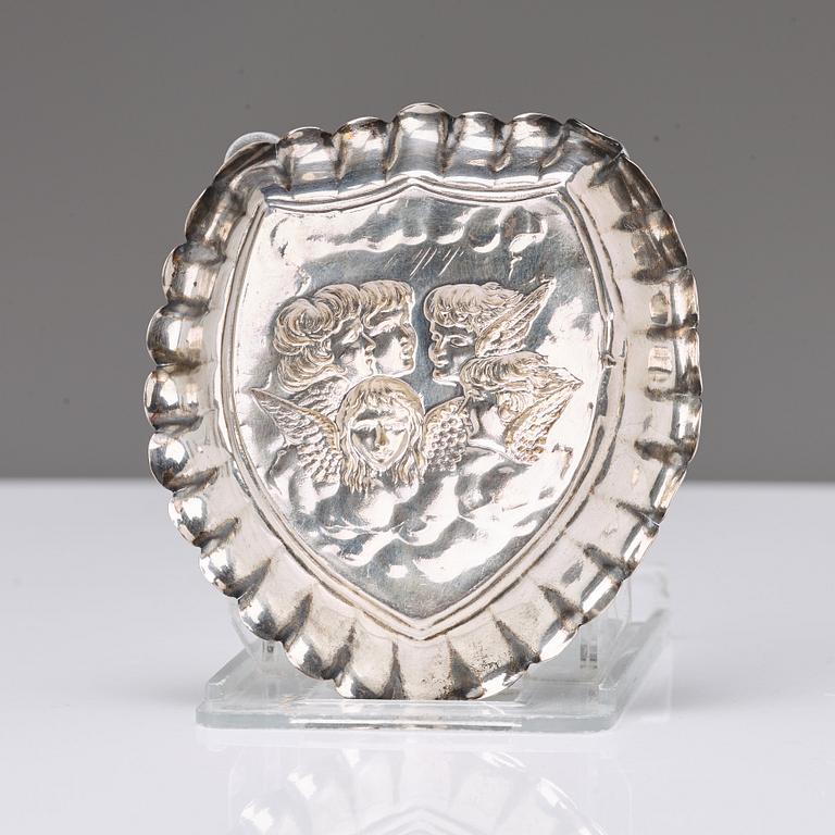 A Dutch late 19th century silver jar and napkin-holder. An ash-tray, Birmingham 1902.