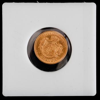 GULDMYNT, 10 kronor, Oscar II, 1901. Vikt ca 4 gram.