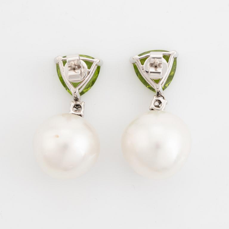 South sea pearl, peridot and brilliant cut diamond earrings.