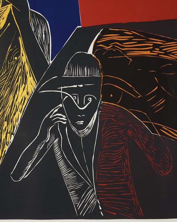 Mimmo Paladino, färgträsnitt, signerad och numrerad 3/65, daterad 1984.