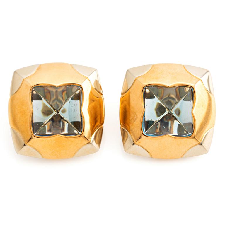 A pair of 18K gold Bulgari "Pyramid" earrings with sugarloaf shaped topaz.