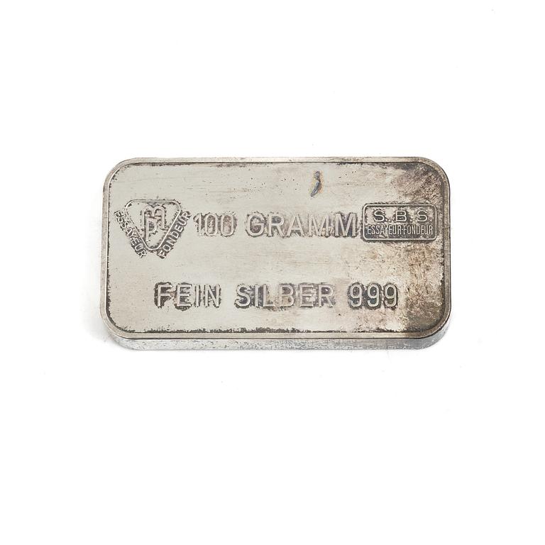 Silvertacka, 100 gram, silverhalt 999, Schweiz.