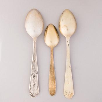Three sets of silver spoons, totally 18 pieces, Soviet Union hallmarks.