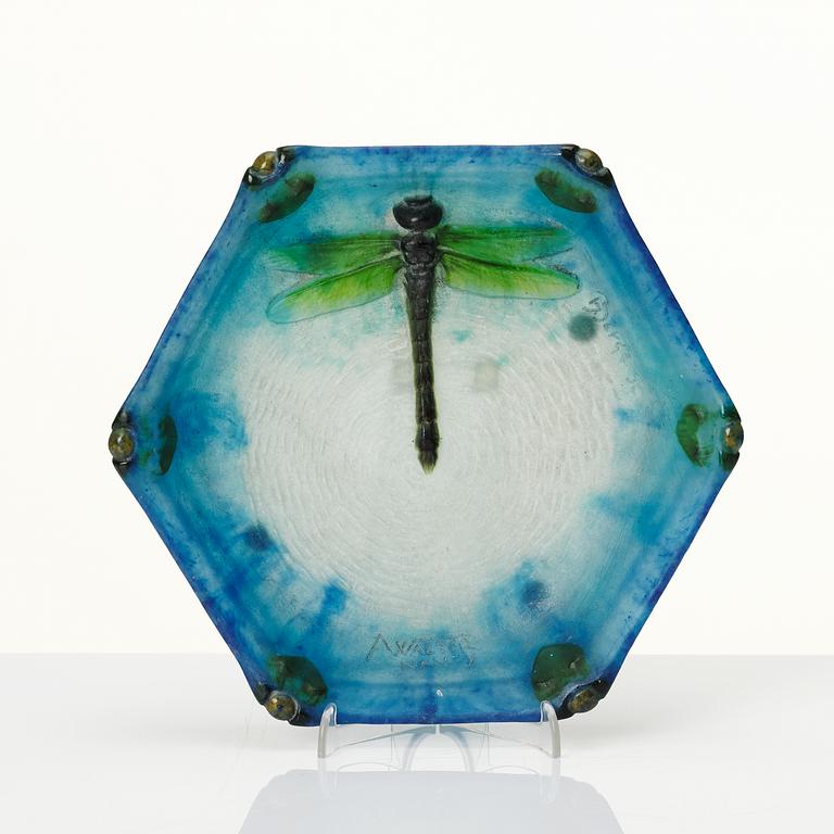 Amalric Walter & Henri Bergé, a pâte de verre dish with a dragonfly, Nancy France 1920s.