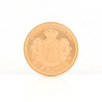 GULDMYNT, 10 kronor, Oscar II av Sverige och Norge 1894. Vikt ca 4,5 gram.
