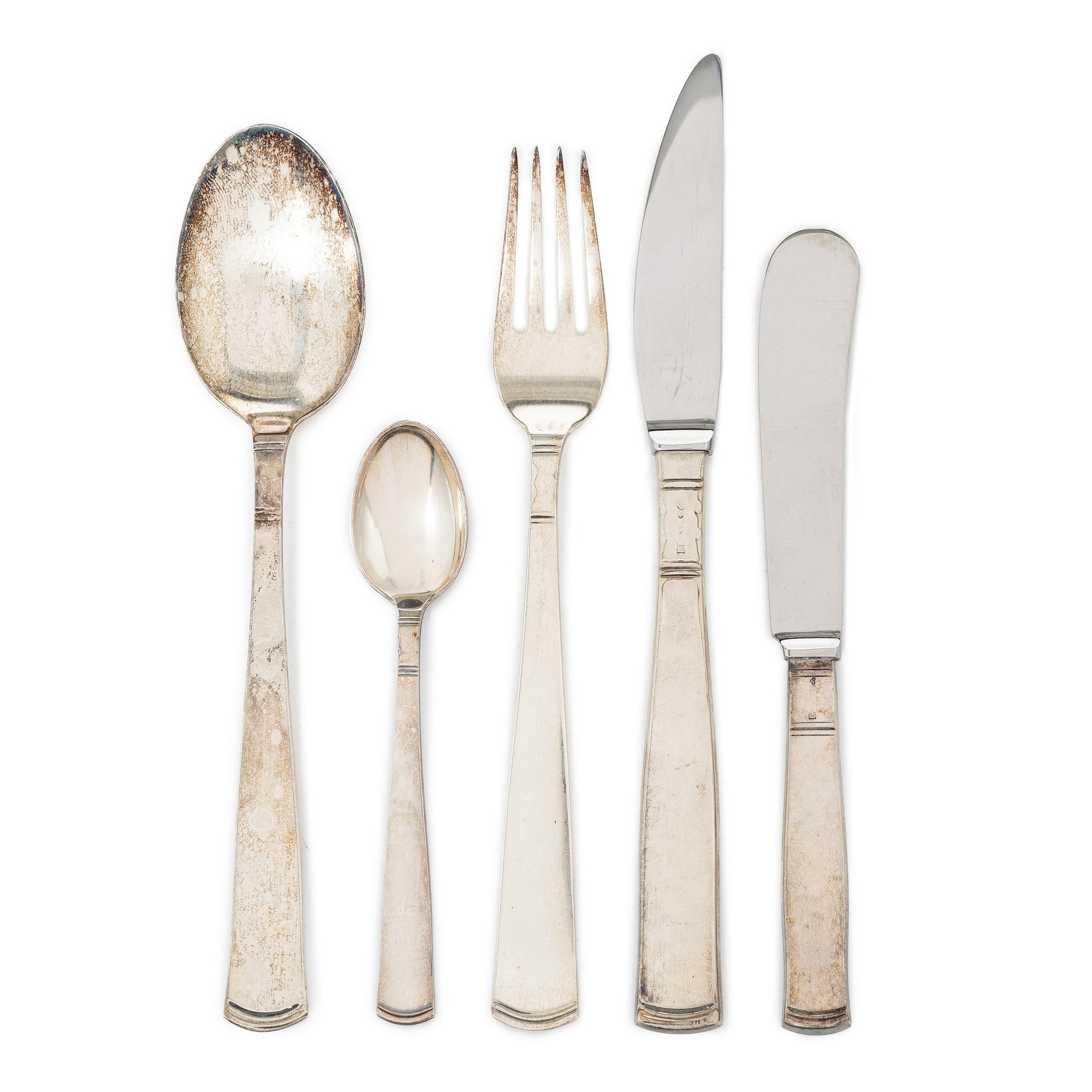 Jacob Ängman, 17 pieces of a 'Rosemholm' silver fatware set, GAB, Stockholm & Eskilstuna, Sweden, 1962-78.