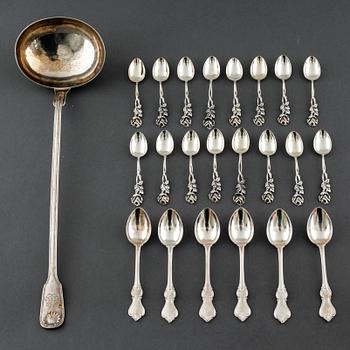 22 swedish silver spoons and one ladle, from the 19th and 20th century.
