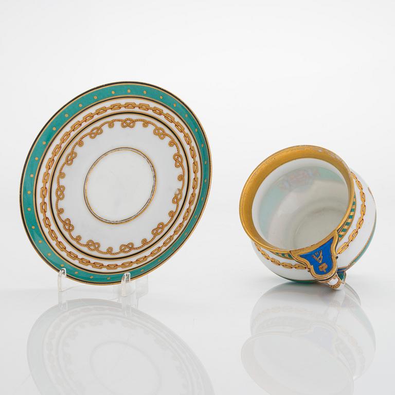 A cup and saucer from the Derzhava service, Imperial Porcelain Manufactory, St. Petersburg, late 19th century.