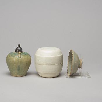 A box with cover, a bowl and a jar, South East Asian, presumably 14th/15th Century.