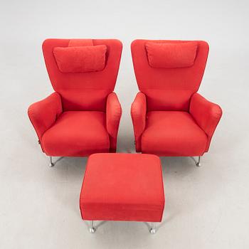 Carl-Henric Spak armchairs, a pair, and footstool "Stepp" for Swedese, 21st century.